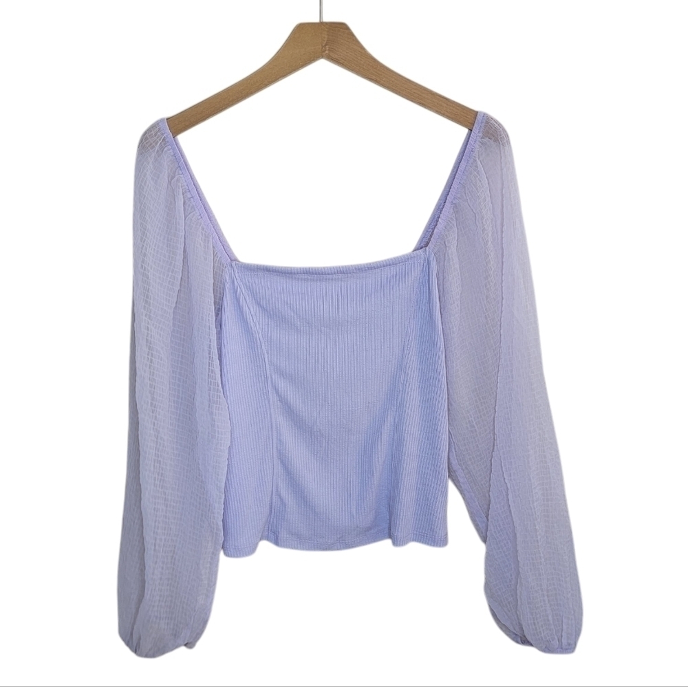 NWT Hem & Thread Lavender Purple Sheer Sleeve Crop Square Neck Blouse Size Large